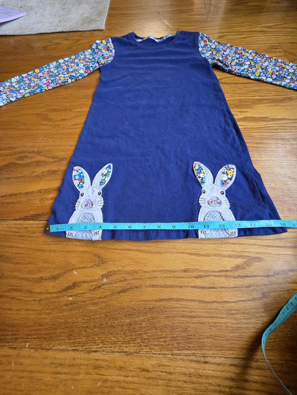 Blue Dress With Floral Sleeves And Bunnies On Bottom